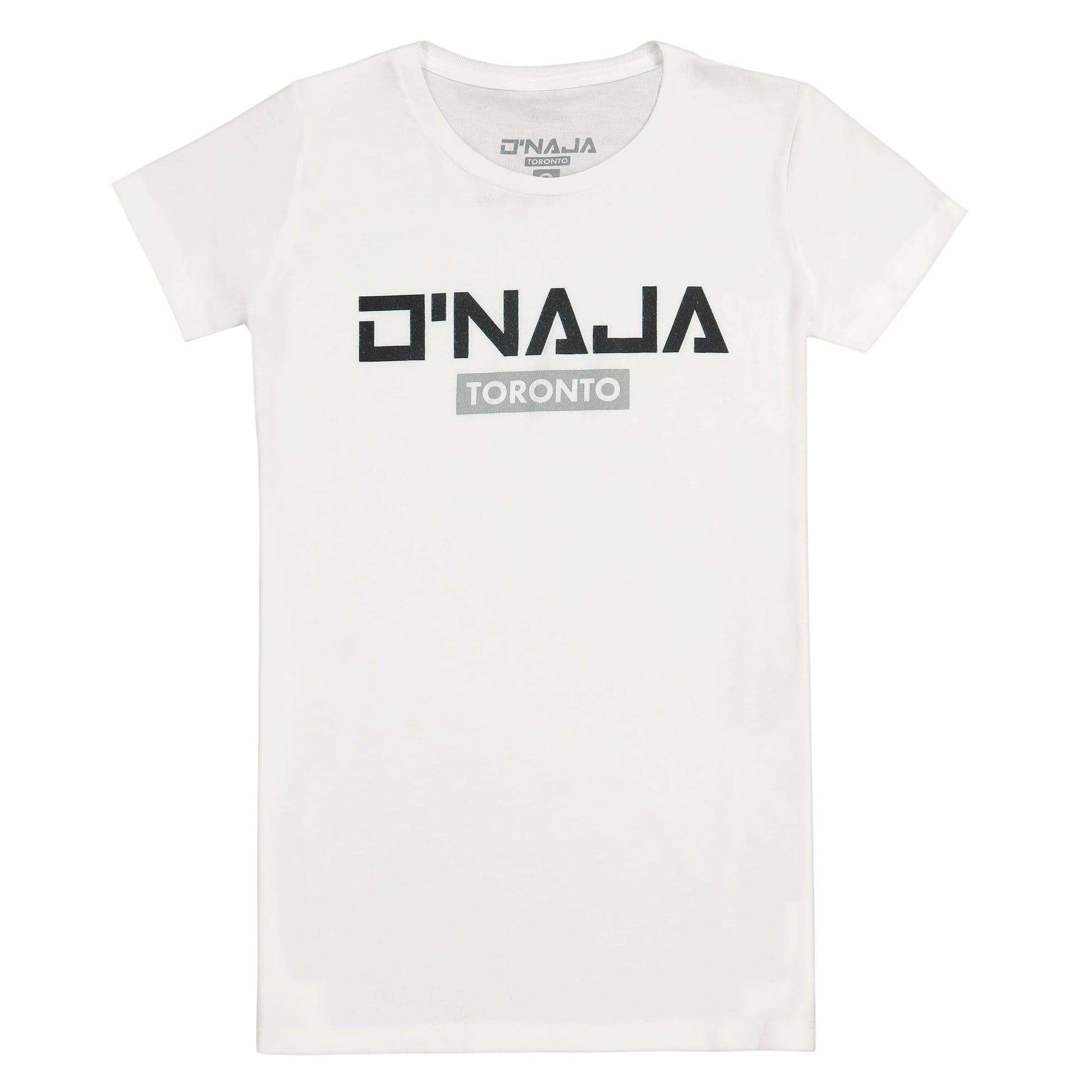 A white women's cotton jersey t-shirt with the D'naja logo prominently displayed across the front. The t-shirt features a clean and classic design, providing a comfortable fit. The D'naja logo, which is bold and eye-catching, is placed front and center, showcasing the brand's identity. The white color of the t-shirt adds a fresh and versatile touch, making it a perfect choice for casual occasions or as a stylish everyday staple.