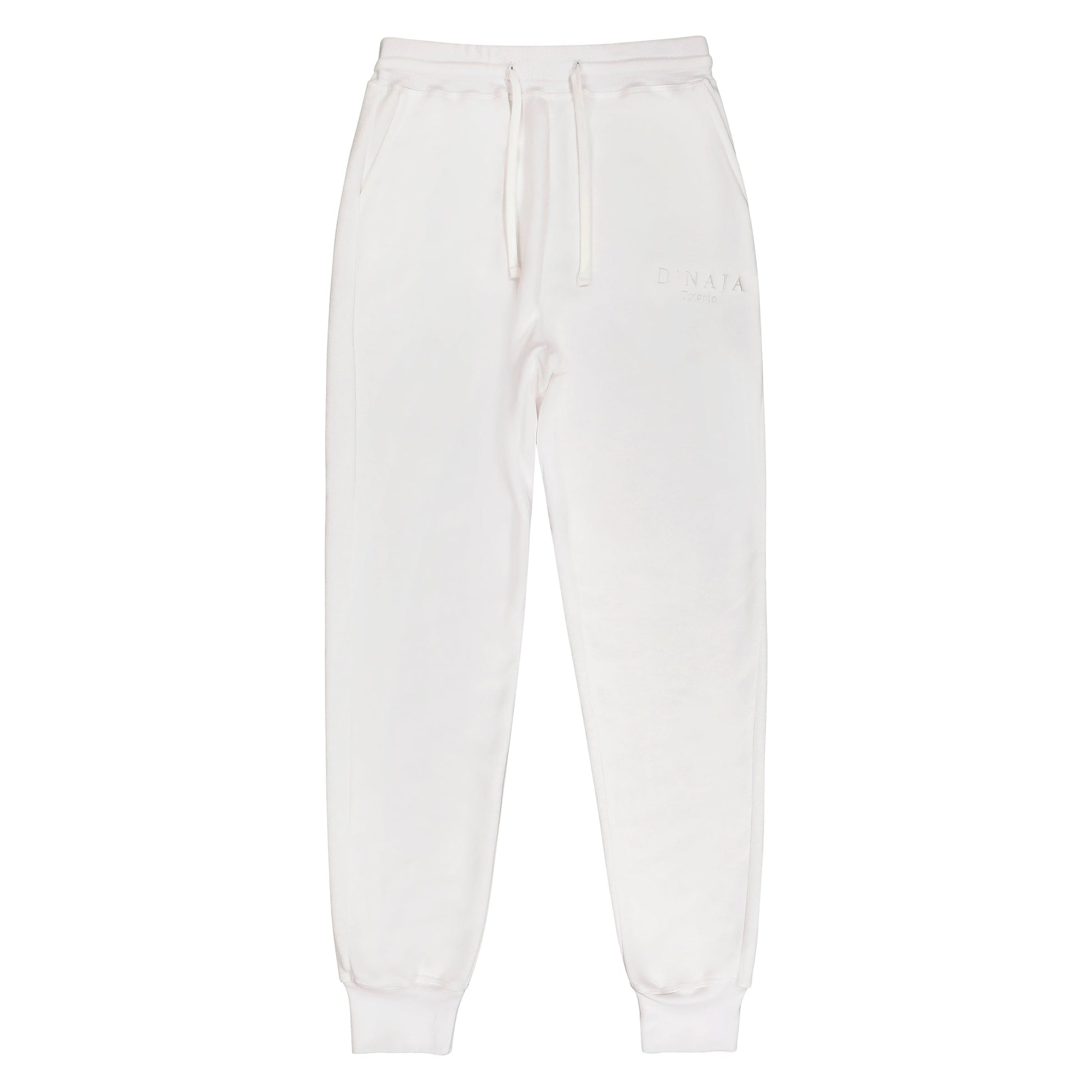 Women's fleece sweatpants displayed on a clean, white background. The sweatpants are white and have a relaxed fit, elastic waistband, and drawstring. Crafted from soft fleece fabric, they offer warmth and comfort. Two side pockets are visible, adding functionality. Perfect for leisure activities, workouts, or casual wear.