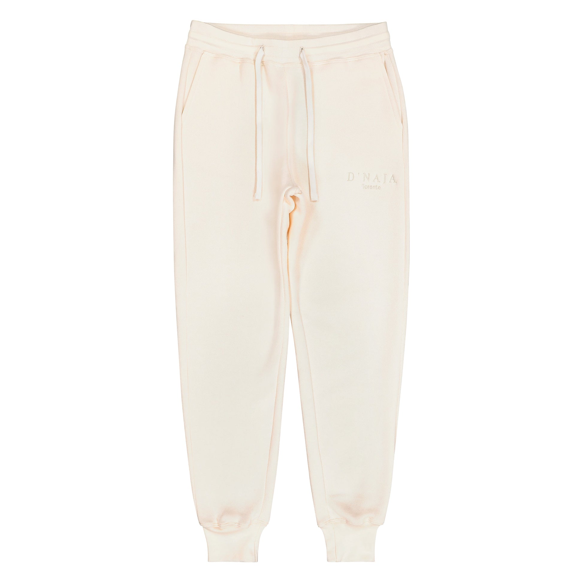 Women's fleece sweatpants displayed on a clean, white background. The sweatpants are cream and have a relaxed fit, elastic waistband, and drawstring. Crafted from soft fleece fabric, they offer warmth and comfort. Two side pockets are visible, adding functionality. Perfect for leisure activities, workouts, or casual wear.