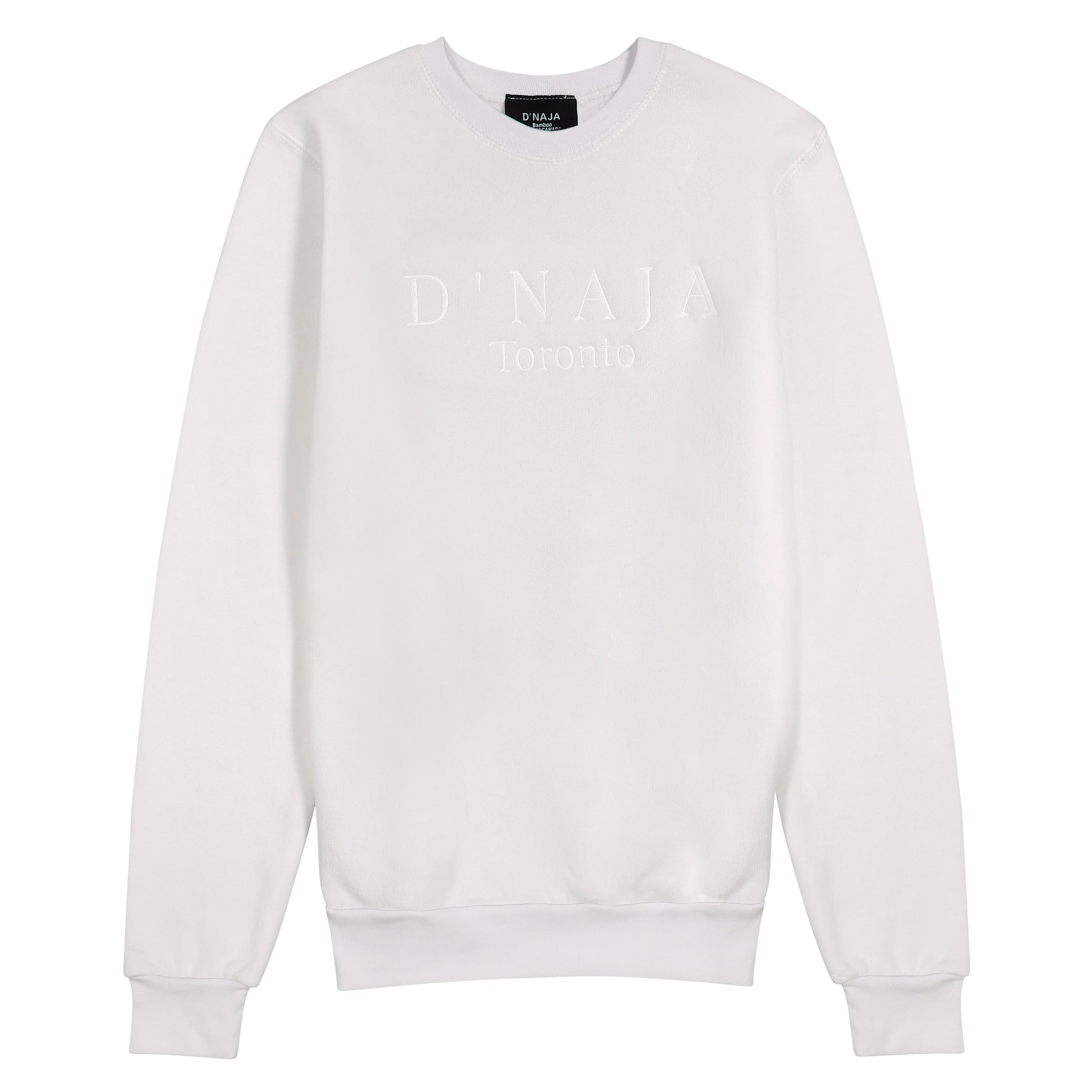 Unisex white fleece crewneck sweatshirt with the D'naja logo prominently displayed, showcasing contemporary style and brand recognition