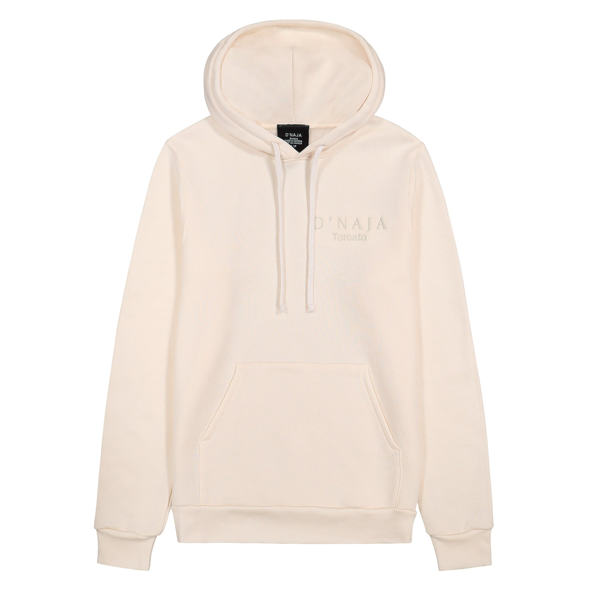 A unisex cream hooded sweatshirt adorned with the D'naja logo. The sweatshirt features a stylish and versatile design, perfect for both men and women. The cream color adds a sleek and modern touch to the garment. The prominent D'naja logo is displayed on the front, showcasing the brand's identity with its distinctive typography. The hood provides added comfort and warmth, making this sweatshirt a fashionable and practical choice for any casual occasion or chilly weather