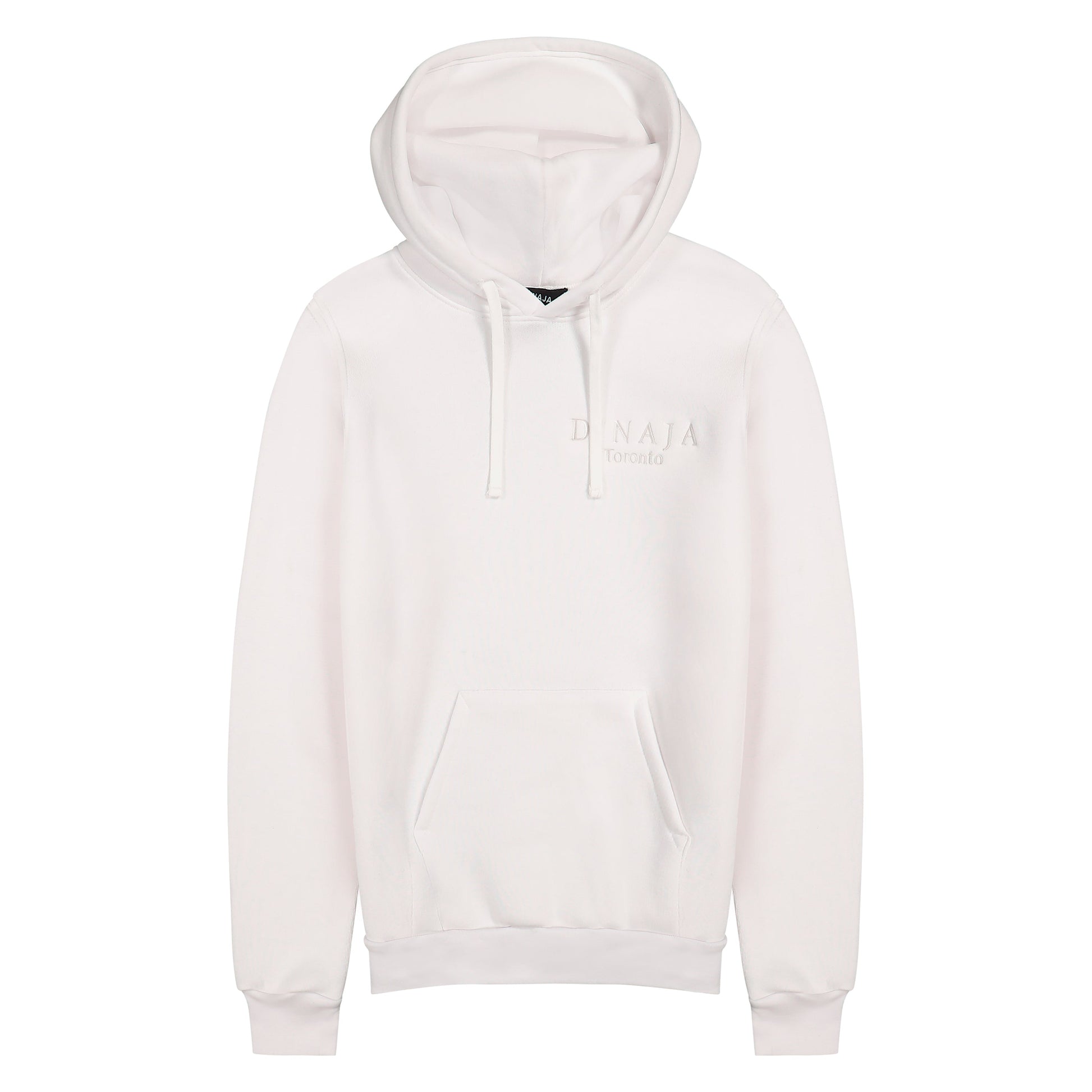 A unisex white hooded sweatshirt adorned with the D'naja logo. The sweatshirt features a stylish and versatile design, perfect for both men and women. The white color adds a sleek and modern touch to the garment. The prominent D'naja logo is displayed on the front, showcasing the brand's identity with its distinctive typography. The hood provides added comfort and warmth, making this sweatshirt a fashionable and practical choice for any casual occasion or chilly weather