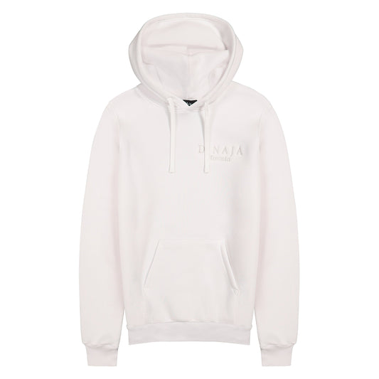 A unisex white hooded sweatshirt adorned with the D'naja logo. The sweatshirt features a stylish and versatile design, perfect for both men and women. The white color adds a sleek and modern touch to the garment. The prominent D'naja logo is displayed on the front, showcasing the brand's identity with its distinctive typography. The hood provides added comfort and warmth, making this sweatshirt a fashionable and practical choice for any casual occasion or chilly weather