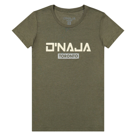 A green women's cotton jersey t-shirt with the D'naja logo prominently displayed across the front. The t-shirt features a clean and classic design, providing a comfortable fit. The D'naja logo, which is bold and eye-catching, is placed front and center, showcasing the brand's identity. The green color of the t-shirt adds a fresh and versatile touch, making it a perfect choice for casual occasions or as a stylish everyday staple.