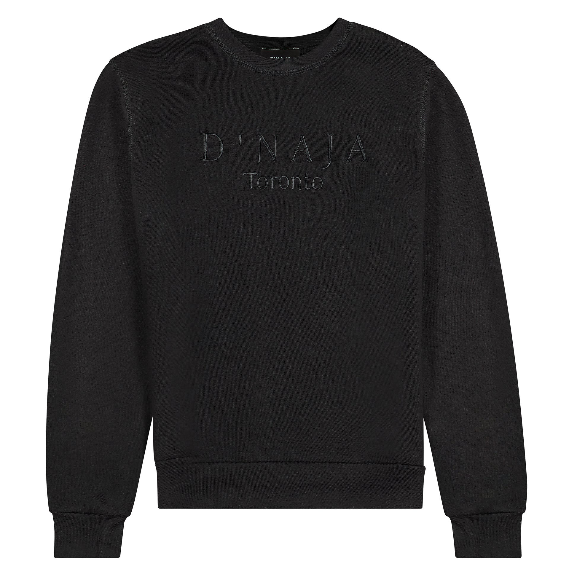 Unisex black fleece crewneck sweatshirt with the D'naja logo prominently displayed, showcasing contemporary style and brand recognition