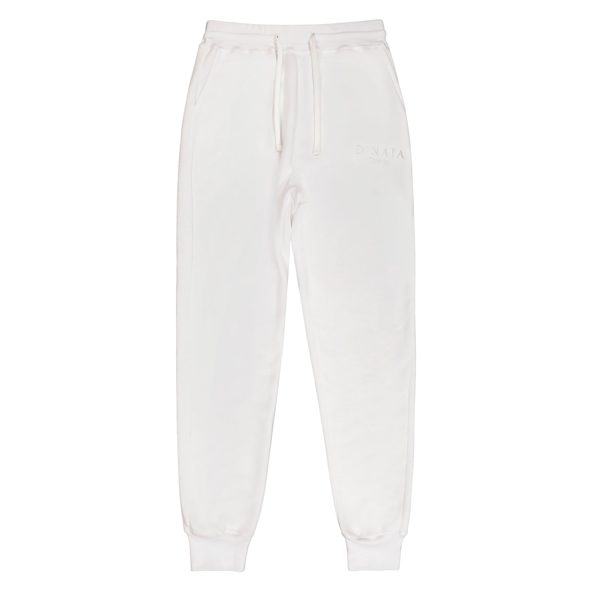 Men's fleece sweatpants displayed on a clean, white background. The sweatpants are a white and have a relaxed fit, elastic waistband, and drawstring. Crafted from soft fleece fabric, they offer warmth and comfort. Two side pockets are visible, adding functionality. Perfect for leisure activities, workouts, or casual wear