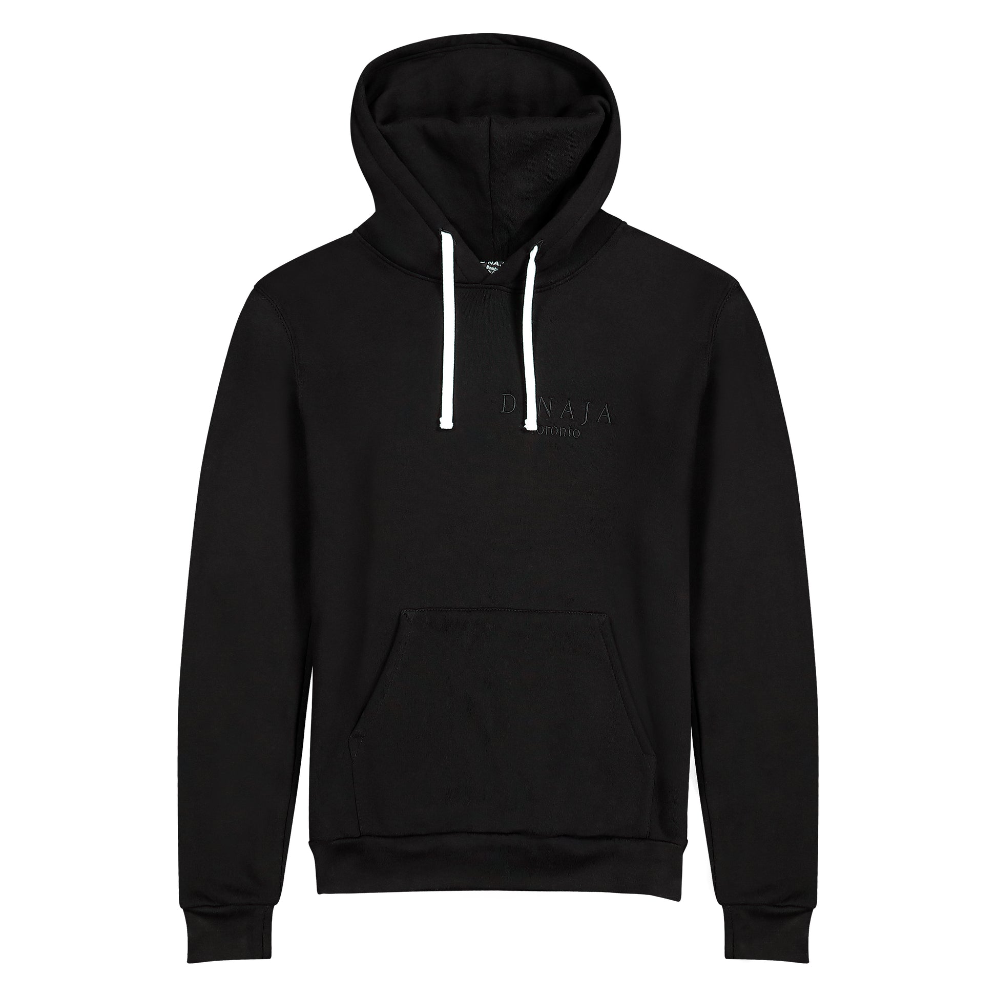 A unisex black hooded sweatshirt adorned with the D'naja logo. The sweatshirt features a stylish and versatile design, perfect for both men and women. The black color adds a sleek and modern touch to the garment. The prominent D'naja logo is displayed on the front, showcasing the brand's identity with its distinctive typography. The hood provides added comfort and warmth, making this sweatshirt a fashionable and practical choice for any casual occasion or chilly weather